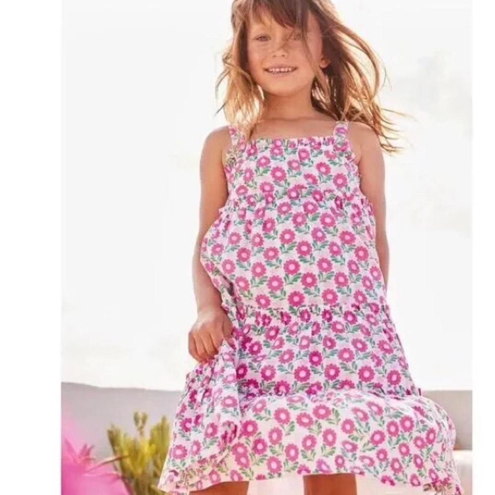 Mini Boden Girls Size 11-12Y Floral Pink and White Tiered Sundress